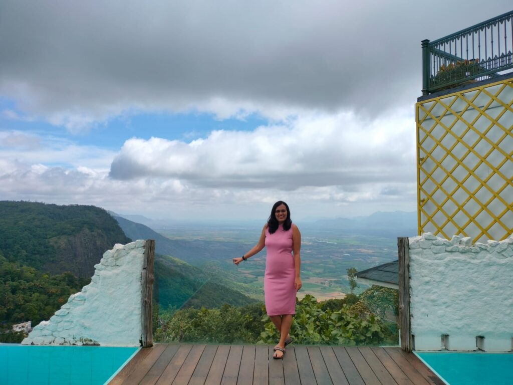 infinity pool view at Hills and hues resort, thekkady